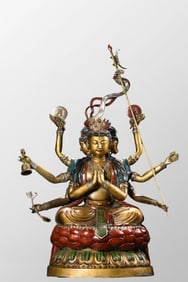 Tibetan Buddhism Colored Drawing Gilt Gold Bronze Inlay Gems Eight Arm Kwan-yin Statue