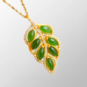 Chinese Gilt Gold 925 Silver Inaly Green Hetian Jade Leaf Pendant w Necklace