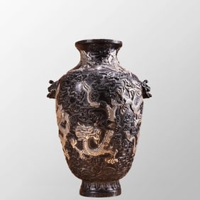 Old Chinese Copper High Relief Clouds Dragon Design Vase