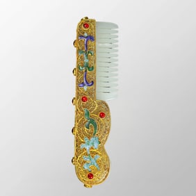 Exquisite Chinese Gold Wires Enamel Inlay Gem & White Hetian Jade Comb