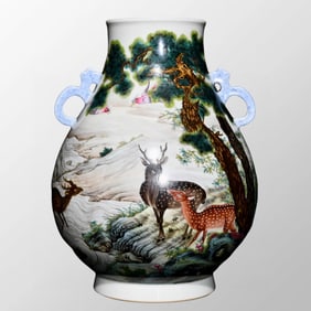 Chinese Qing Dynasty Famille Rose Pine Tree & Deer Design Double Ears Porcelain Vase