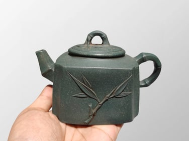Chinese Yixing Zisha Clay Low Relief Bamboo Design Teapot w Artist Signed
