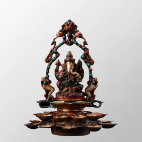 Tibetan Buddhism Gilt Gold Bronze Inlay Turquoise & Gem Ganesha Statue