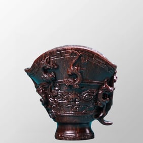 Vintage Ox Horn High Relief Chi Dragon Sacrifice Wine Cup