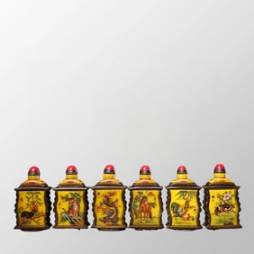 A Set Six Old Chinese Gilt Gold Famille Rose Peking Glass 12 Zodiacs Snuff Bottles
