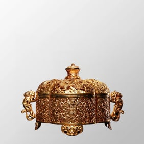 Openwork Chinese Gilt Gold Copper High Relief Dragon Design Double Ears Incense Burner