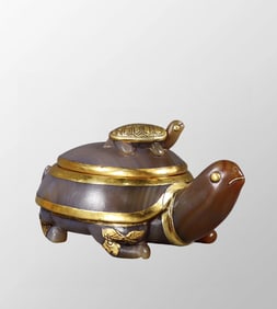 Vinatge Chinese Inlaying Copper Edge Agate Carved Long Life Turtle Brush Washer