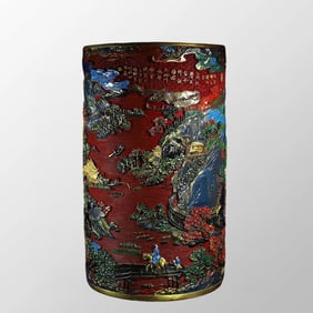 Chinese Gilt Gold Colored Drawing Lacquerware Mountain River Scene Design Brush Pot