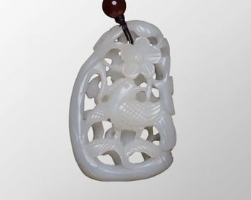 Openwork Chinese Natural Hetian Jade Carved Plum Flower & Magpie Pendant