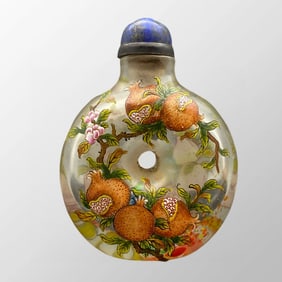 Old Chinese Peking Glass Famille Rose Pomegranate & Peach Design Snuff Bottle