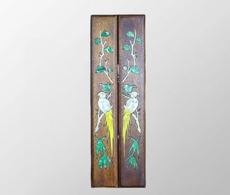 A Pair Chinese Huali Wood Inlay Shell Bird Paperweights