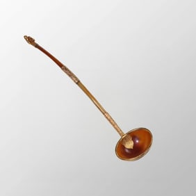 Superb Old Chinese Gilt Gold Agate Head Long Handle Ladle