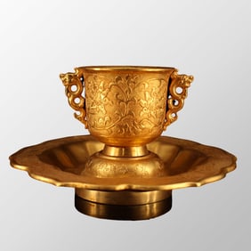 Old Chinese Gilt Gold Bronze Wine Cup w Saucer