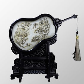 Openwork Vintage Chinese Zitan Wood Inlay White Jade Low Relief Phoenix Peony Palm-leaf Fan Screen