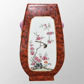 Chinese Gilt Edge Mocai Wood Grain Glaze Famille Rose Flowers Bird Design Porcelain Vase