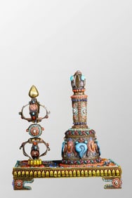 Tibetan Buddhist Silver Wires Inlay DZI Agate,Turquoise & Gems Bell & Pestle XiangMo