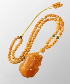 Beautiful Natural Beeswax Carved Fortune Pixiu Pendant w Beads Necklace