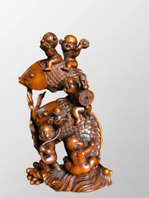 Chinese Boxwood Wood Carved Kid & Fish Statue