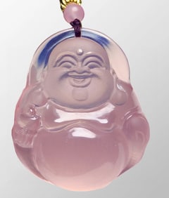 Natural Pink Crystal Carved Laughing Buddha Pendant