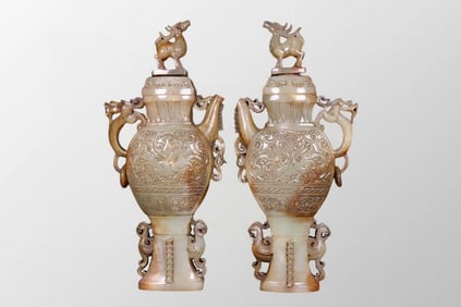 A Pair Superb Old Chinese Hetian Jade Dragon Phoenix Wine Pot