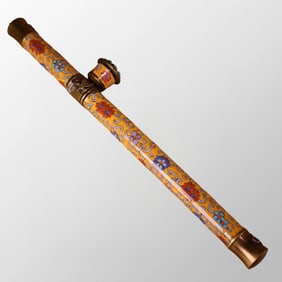 Chinese Brass Cloisonne Inlay Green Jade Tobacco Pipe