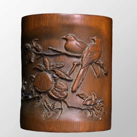 Old Chinese Bamboo Low Relief Double Bird Design Brush Pot