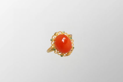 18K Gold Inlay Nanhong Agate Ring