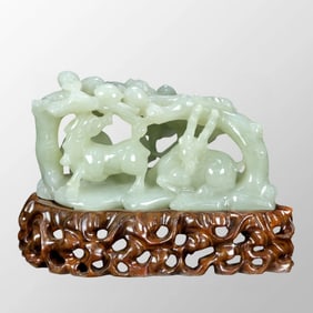 Openwork Chinese Natural Hetian Jade Carved Fortune Deer Statue