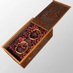 A Pair Vintage Chinese Gilt Gold Bronze Phoenix Bracelet w Lacquerware Box