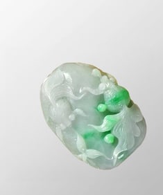 Beautiful Green & White Jadeite Carved Goldfish Pendant w Gilt Gold Silver Ornament, Beads Necklace