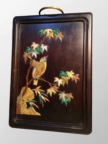 Chinese Zitan Wood Inlay Shell & Shoushan Stone Bird Wall Hanging