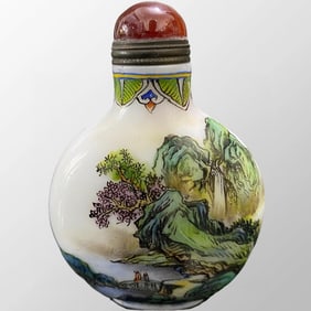 Chinese Peking Glass Famille Rose Mountain River Scene & Figure Design Snuff Bottle