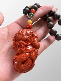 Chinese Natural Nanhong Agate Carved Fortune Dragon Pendant w Wood Bracelet