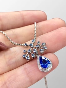 18k Gold Inlay Sapphire & Diamond Pendant w Silver Necklace