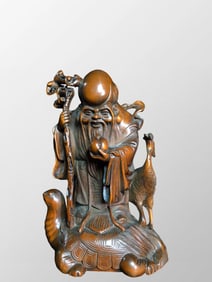Chinese Boxwood Wood Carved Longevity Taoism Deity Statue