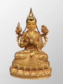 Vintage Tibetan Buddhism Gilt Gold Copper Tsongkhapa Statue