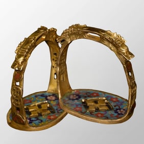 A Pair Vintage Chinese Gilt Gold Bronze Cloisonne Stirrups