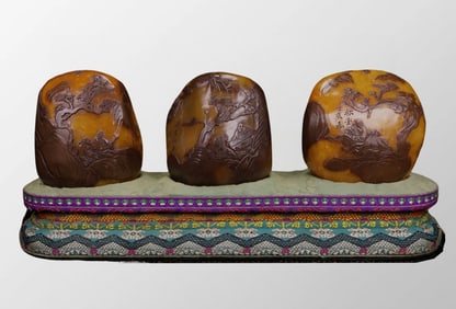 A Set Three Vintage Chinese Black Skin Shoushan Stone Low Relief Pine Tree & Figure Design Seal