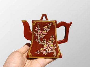 Chinese Gilt Gold Yixing Zisha Clay Famille Rose Plum Flower Design Teapot w Artist Signed