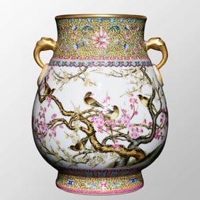 Chinese Qing Dynasty Gilt Gold Famille Rose Plum Flower & Magpie Design Porcelain Pot