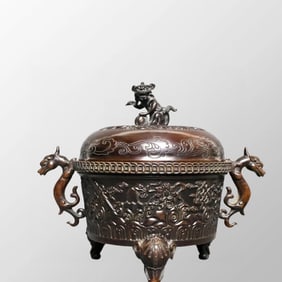 Vintage Chinese Copper 3 Legs Double Ears Fortune Dragon Incense Burner