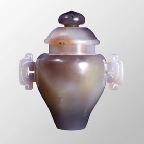 Vintage Chinese Agate Double Ears Pot w Lid