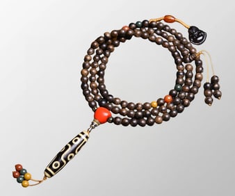 Old Tibetan 9 Eyes DZI Agate Pendant w Chenxiang Wood Beads Necklace