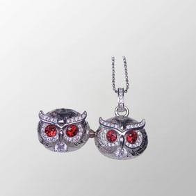 A Pair Chinese 925 Silver Inlay Garnet Owl Pendant & Ring