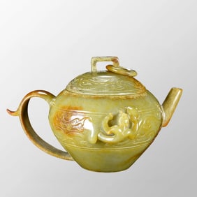 Superb Vintage Chinese Hetian Jade Carved Chi Dragon Wine Pot