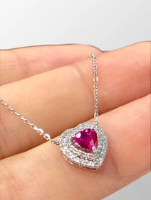 18k Gold Inlay Ruby & Diamond Pendant w Silver Necklace