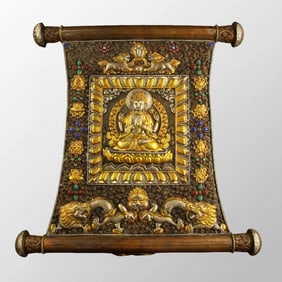 Old Tibetan Buddhism Gilt Gold Bronze Inlay Gem Four Arm Kwan-yin Tangka