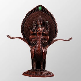 Old Chinese Copper Inlay Green Jade Peacock Mingwang Statue