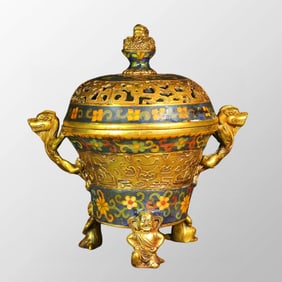 Vintage Chinese Gilt Gold Bronze Cloisonne 3 Legs Double Ears Incense Burner