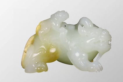 Superb Chinese Hetian Jade Carved Double Beast Statue
